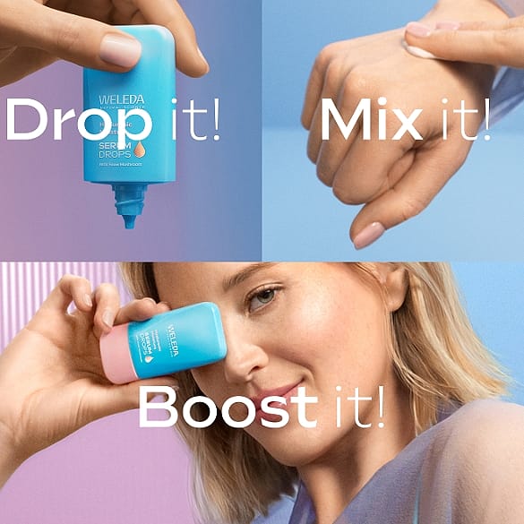 jeune femme blonde tenant le booster drop Hyaluronic Serum devant son visage